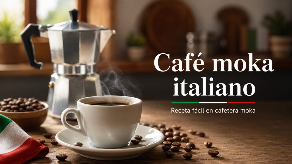 Café moka italiano recién preparado en cafetera moka italiana sobre una mesa con granos de café.