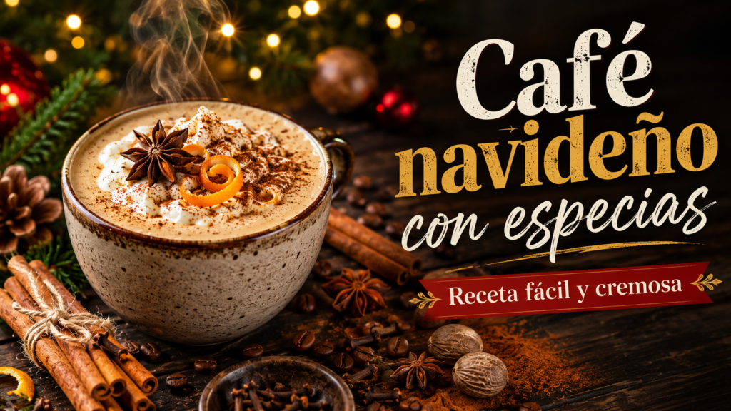 Taza de café navideño con canela, jengibre, nuez moscada y piel de naranja sobre una mesa decorada para Navidad.