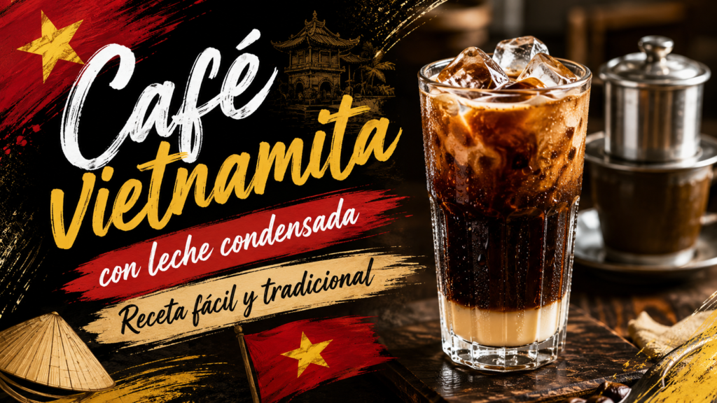Vaso de café vietnamita con leche condensada y hielo junto a un filtro phin