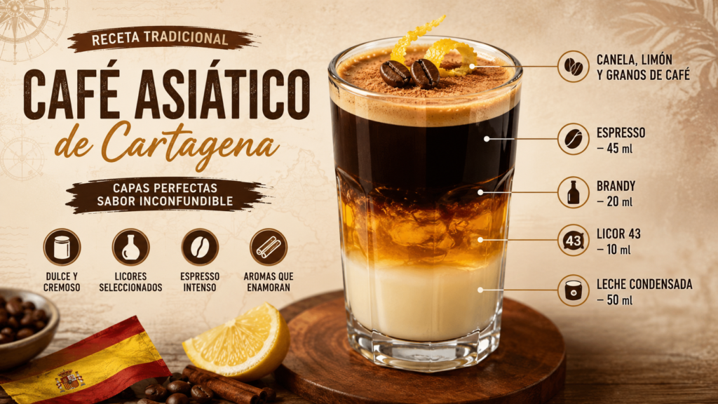Guía visual de las capas del café asiático de Cartagena con leche condensada, brandy, Licor 43 y espresso