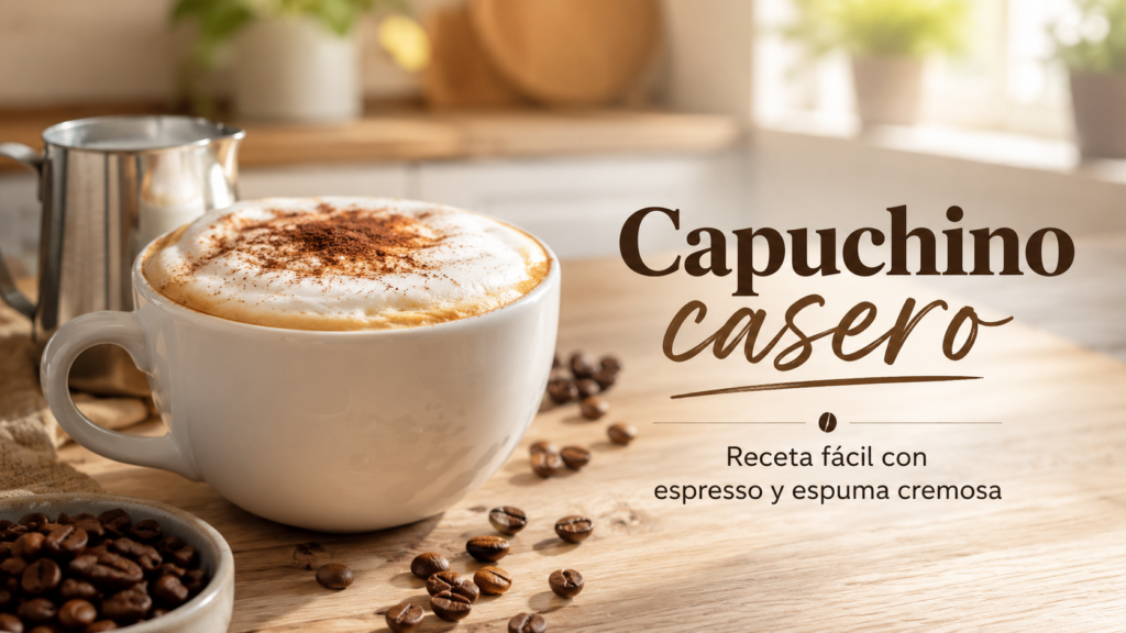 Capuchino casero preparado con espresso, leche caliente y espuma cremosa en una taza blanca sobre una mesa de madera.