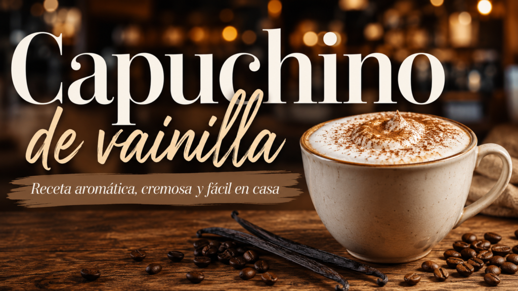 Capuchino de vainilla casero con espuma cremosa, canela, granos de café y vainilla sobre mesa de madera.