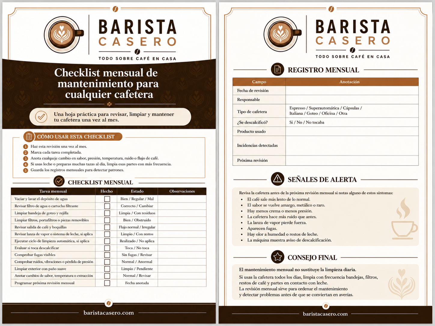 Checklist mensual de mantenimiento para cualquier cafetera en casa