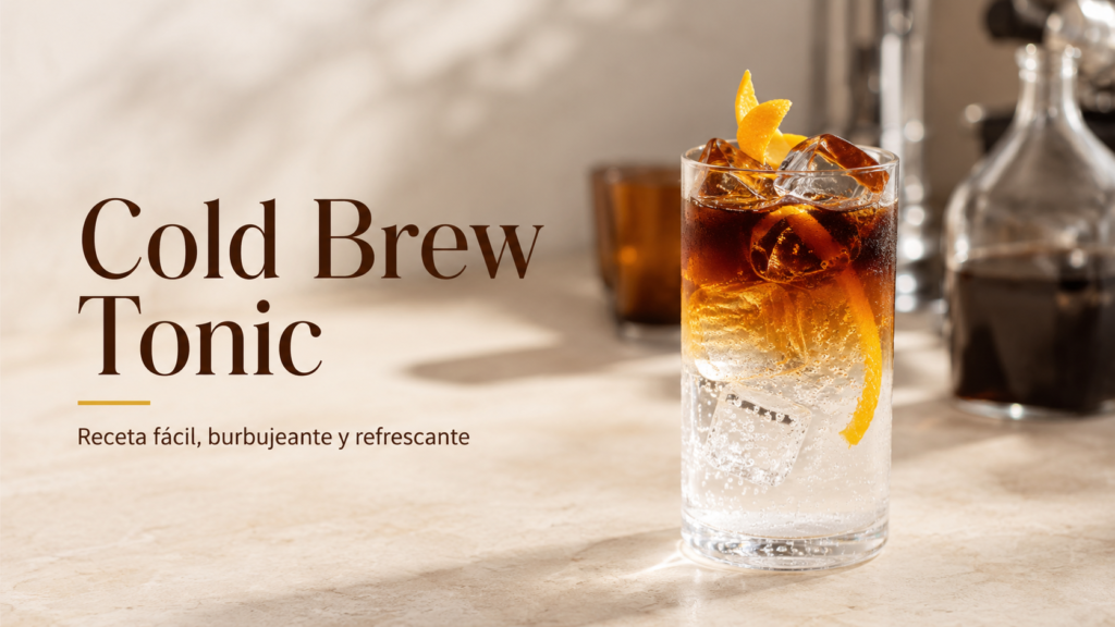 Cold Brew Tonic servido con hielo en un vaso alto, con capas de agua tónica y café frío, decorado con piel de naranja.