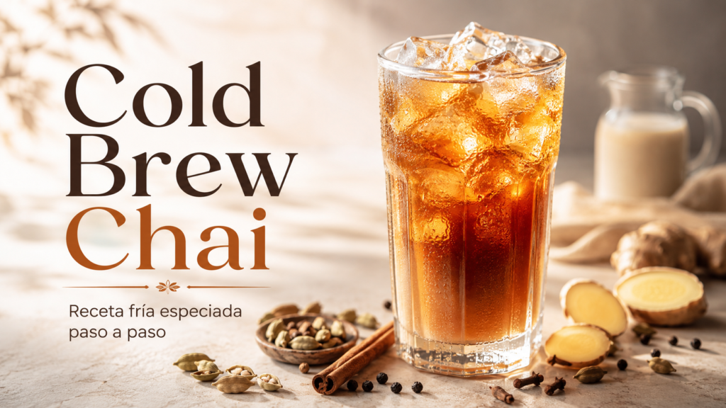 Cold brew chai con hielo, canela, cardamomo y jengibre en un vaso de cristal