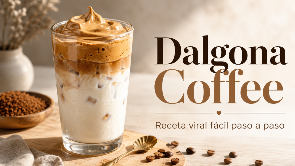 Dalgona Coffee casero con espuma cremosa sobre leche fría y hielo en un vaso transparente.