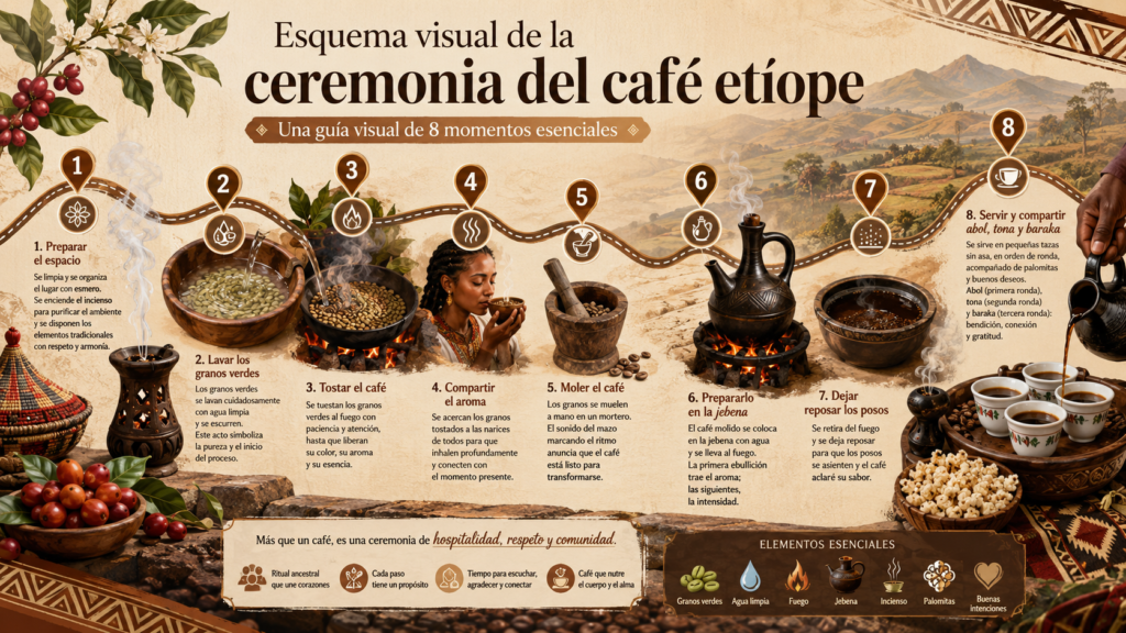 Infografía del esquema visual de la ceremonia del café etíope con los pasos de tostado, molienda, jebena y servicio tradicional