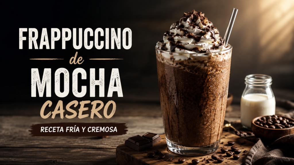 Frappuccino de mocha casero con café, chocolate, crema batida y salsa de chocolate
