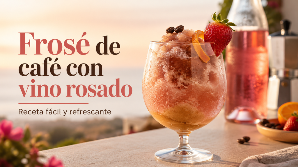 Frosé de café con vino rosado servido con fresa, naranja y granos de café