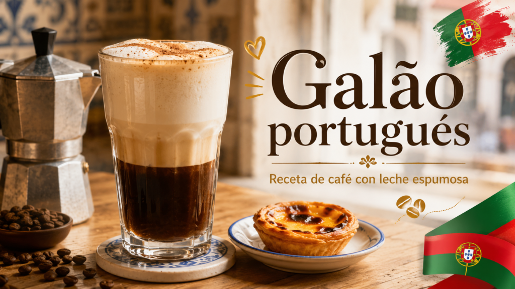 Galão portugués servido en vaso alto con café intenso, leche espumosa y cafetera italiana junto a un pastel de nata.