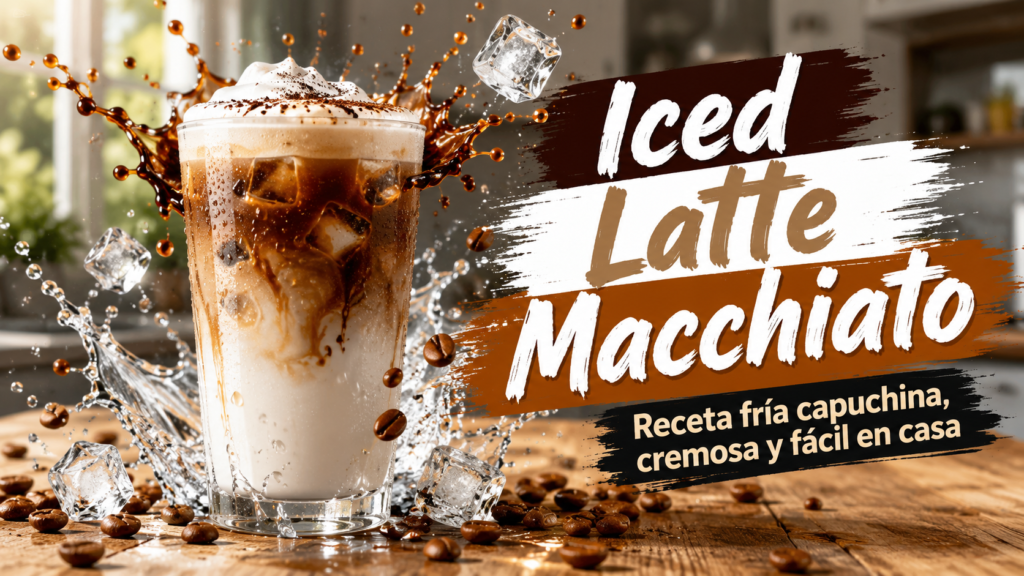 Iced Latte Macchiato receta fría capuchina servido en vaso alto con hielo, leche espumada y espresso en capas.