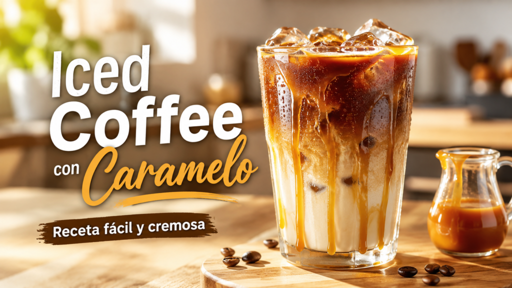 Iced coffee con caramelo servido con leche, espresso y cubitos de hielo en un vaso alto