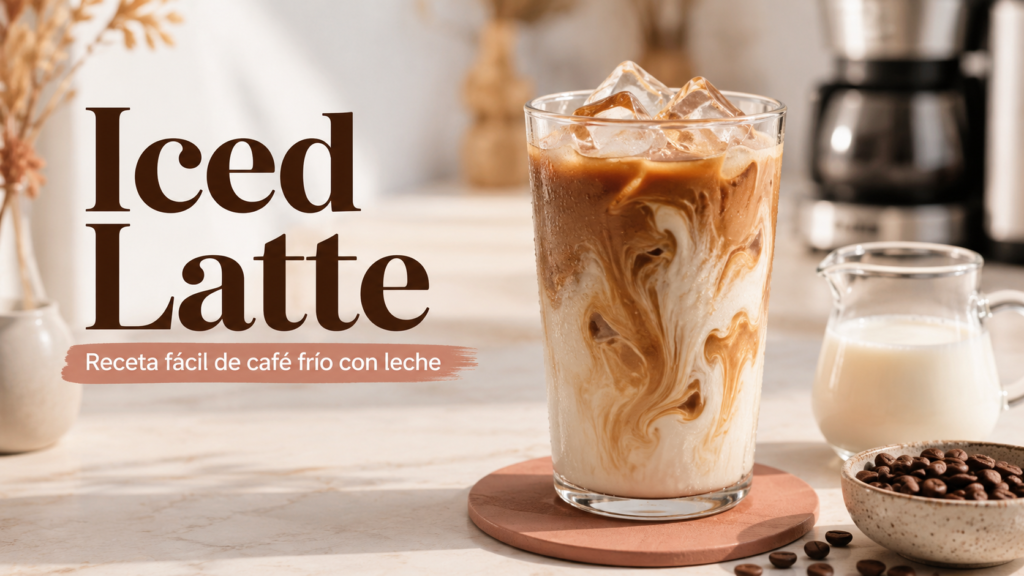 Iced latte casero preparado con espresso, leche fría y cubitos de hielo en un vaso alto