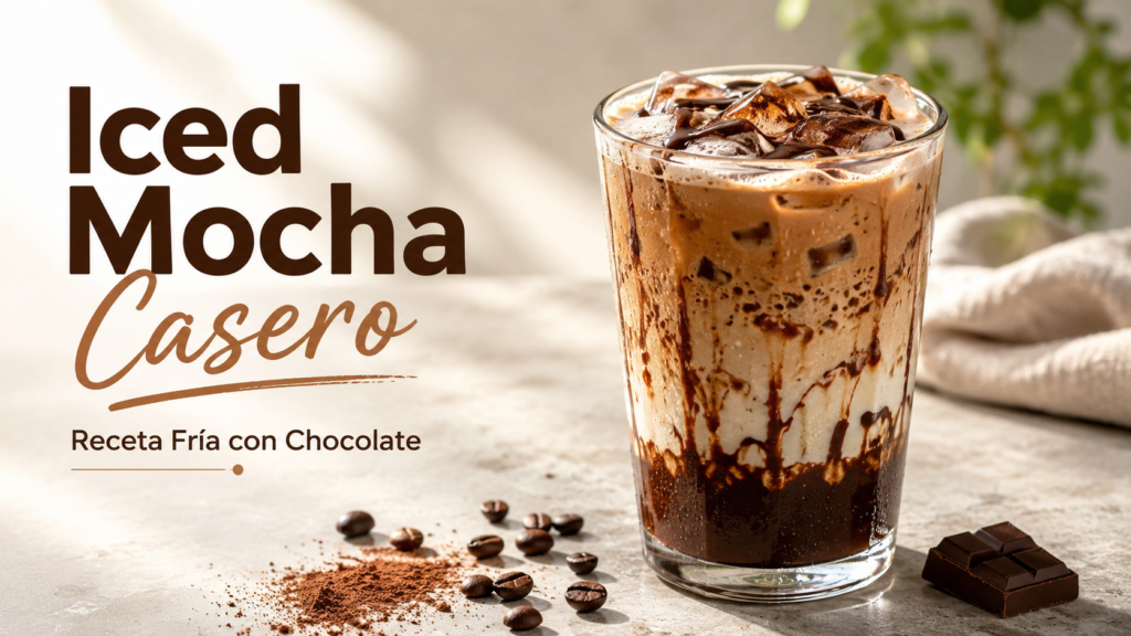 Vaso de iced mocha casero preparado con espresso, leche, hielo y chocolate