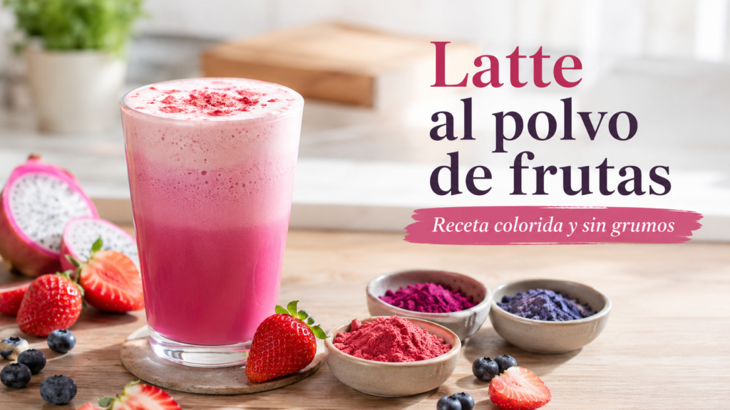 Latte al polvo de frutas rosa con espuma y polvos de fresa, pitaya y arándano.