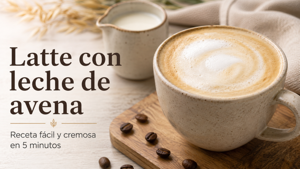Latte con leche de avena casero servido en taza con espuma cremosa y granos de café sobre mesa de madera.