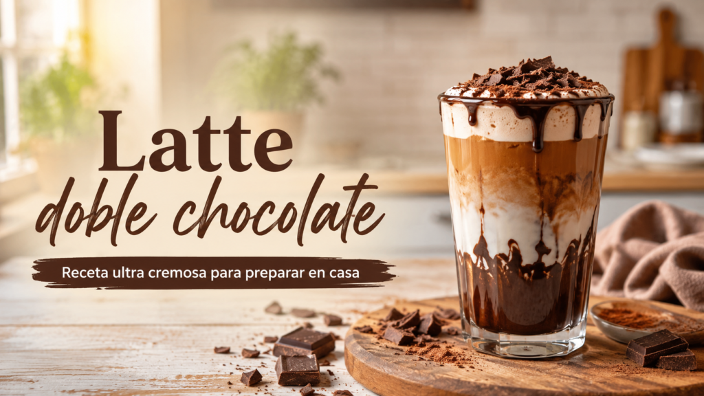 Latte doble chocolate ultra cremoso con espresso, leche espumada, cacao y chocolate negro servido en vaso transparente.