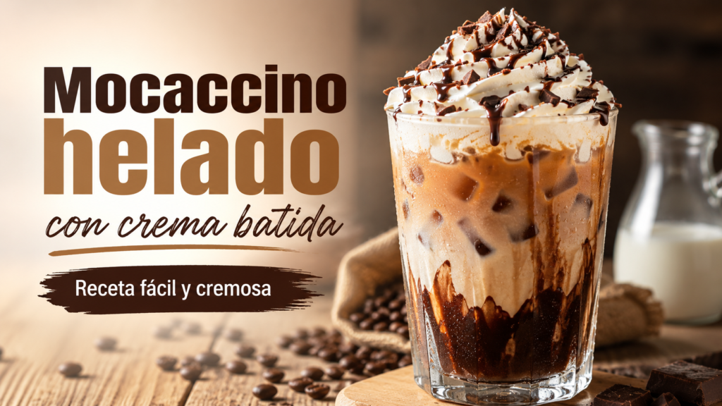 Mocaccino helado con crema batida, café, leche, hielo y salsa de chocolate