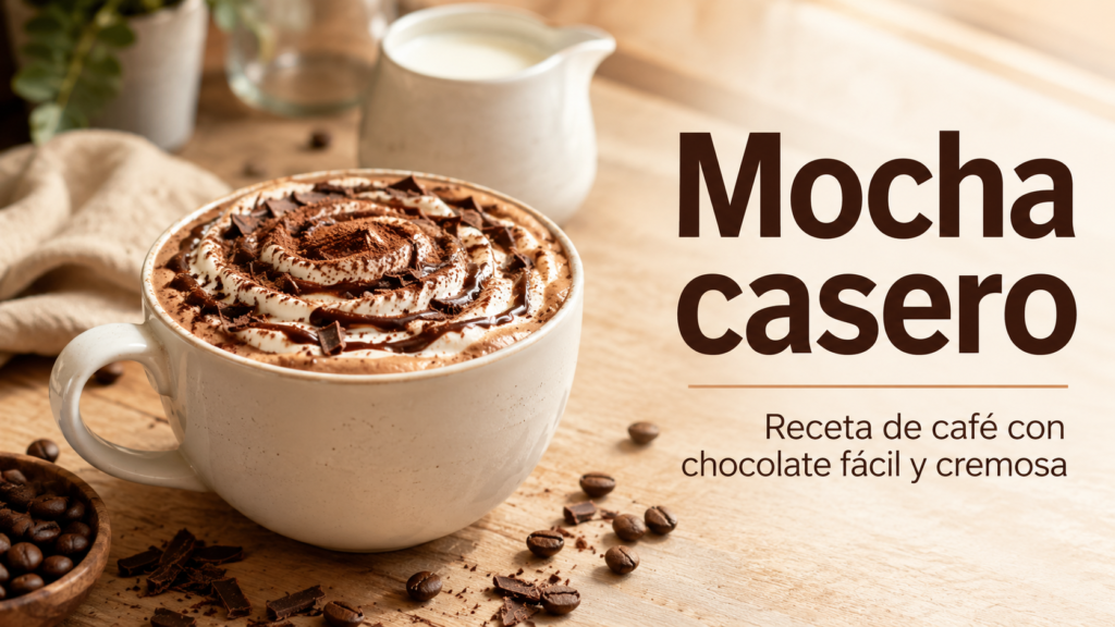 Mocha casero de café con chocolate servido en taza blanca con leche espumada, salsa de chocolate y cacao espolvoreado
