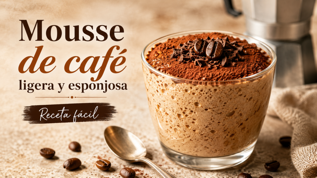Mousse de café ligera y esponjosa servida en un vaso con cacao, chocolate y granos de café