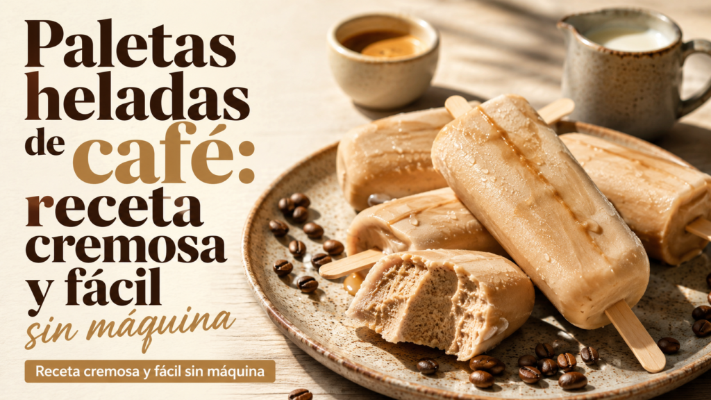 Paletas heladas de café cremosas preparadas sin máquina, acompañadas de espresso, leche y granos de café.