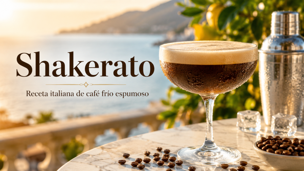 Shakerato: receta italiana de café frío espumoso servido en copa fría con espuma cremosa, hielo y coctelera.