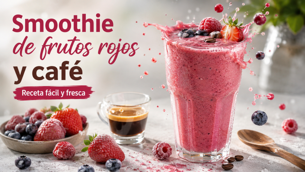 Smoothie de frutos rojos y café frío preparado con fresas, frambuesas, arándanos y espresso.
