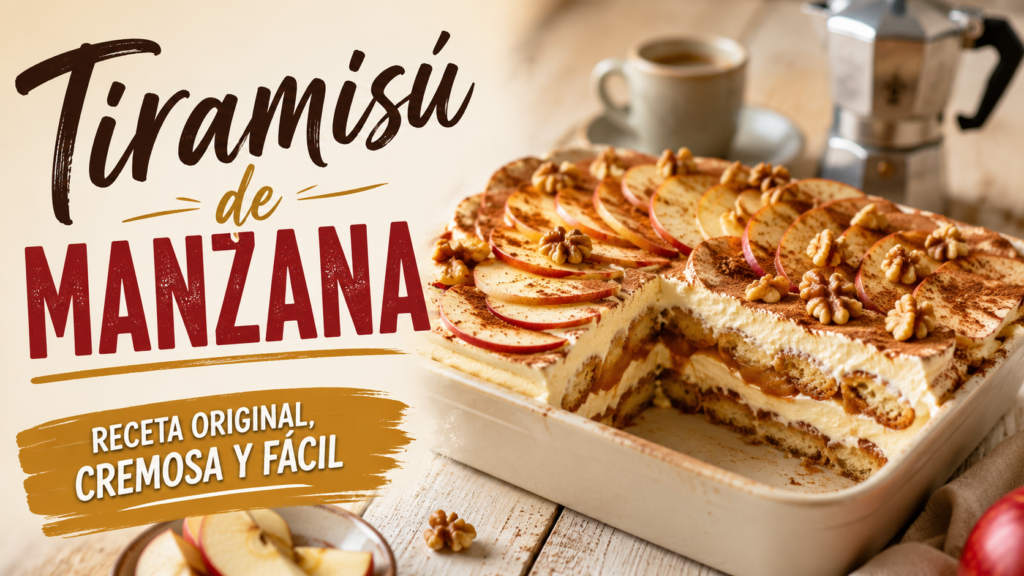 Tiramisú de manzana con capas de mascarpone, bizcochos y fruta con canela junto a una taza de café.