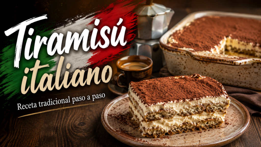 Tiramisú italiano tradicional en capas con mascarpone, café espresso, savoiardi y cacao amargo.