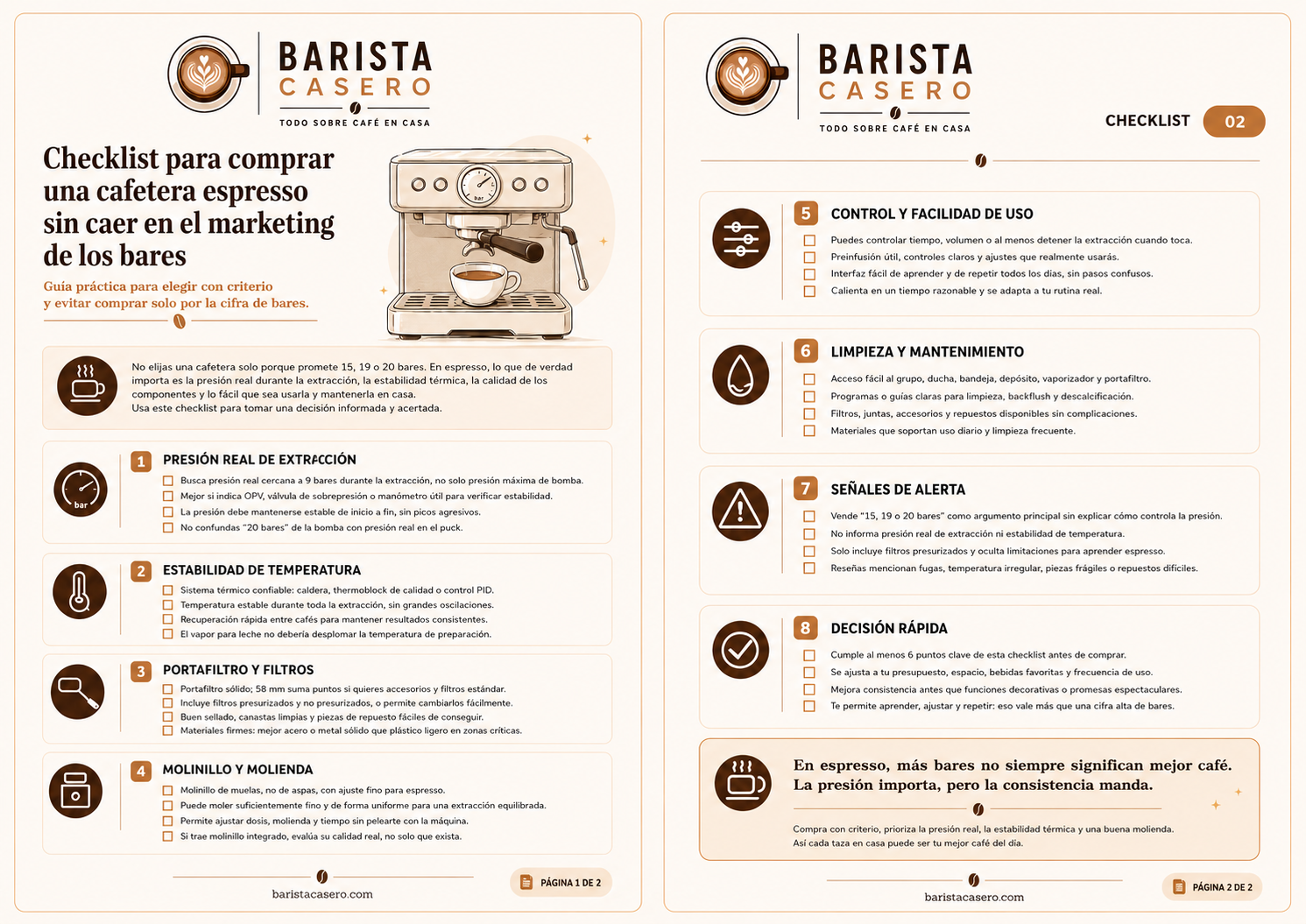 Vista previa del checklist para comprar una cafetera espresso sin caer en el marketing de los bares