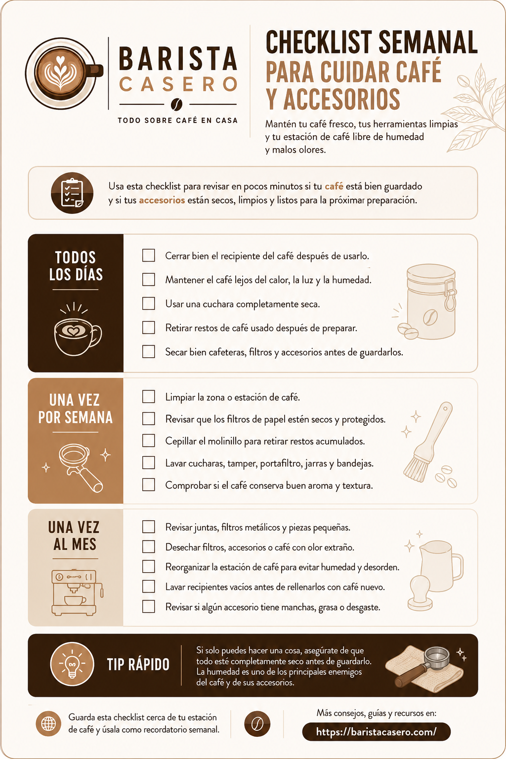 Checklist semanal para cuidar café y accesorios de Barista Casero