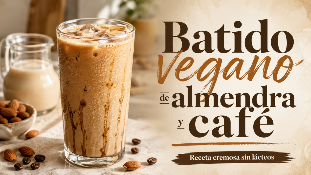Batido vegano de almendra y café cremoso preparado con bebida de almendras y café frío