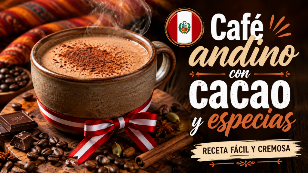 Taza de café andino con cacao, canela y cardamomo junto a granos de café y especias sobre una mesa de madera.