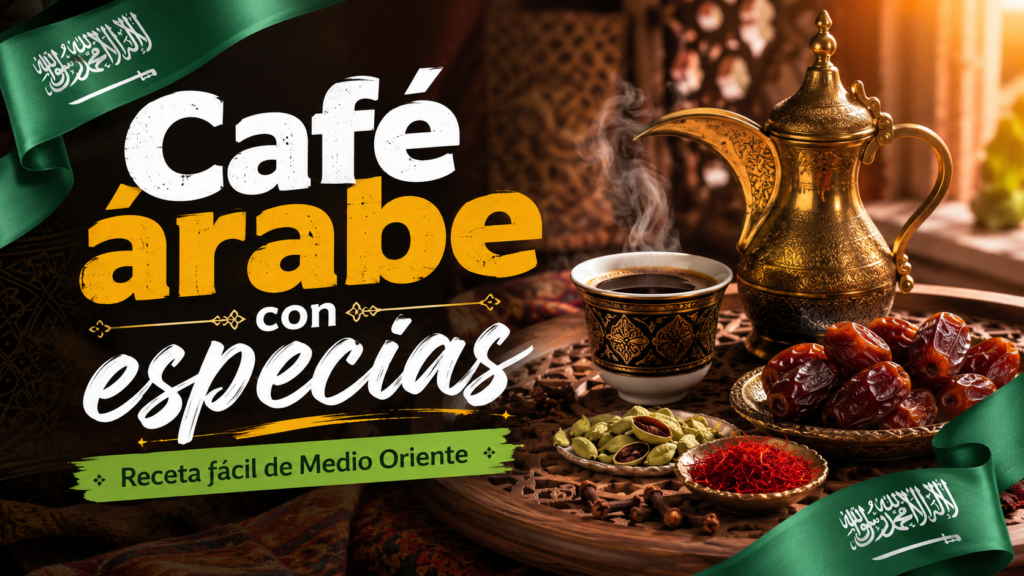 Café árabe con especias servido en un finjan junto a una dallah, cardamomo, azafrán y dátiles.