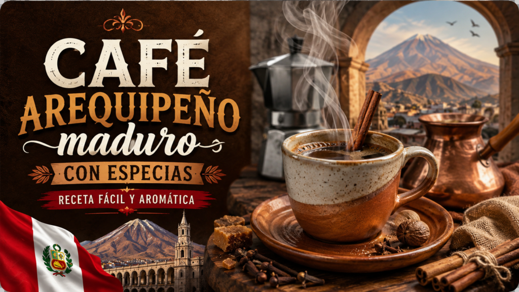 Taza de café arequipeño maduro con canela, nuez moscada y clavo junto a una cafetera italiana.