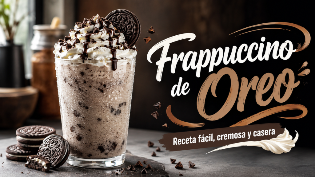 Frappuccino de Oreo casero con crema batida, galletas Oreo trituradas y sirope de chocolate