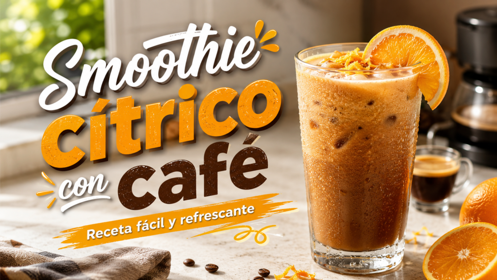 Smoothie cítrico con café y naranja servido frío en un vaso con hielo y ralladura de naranja