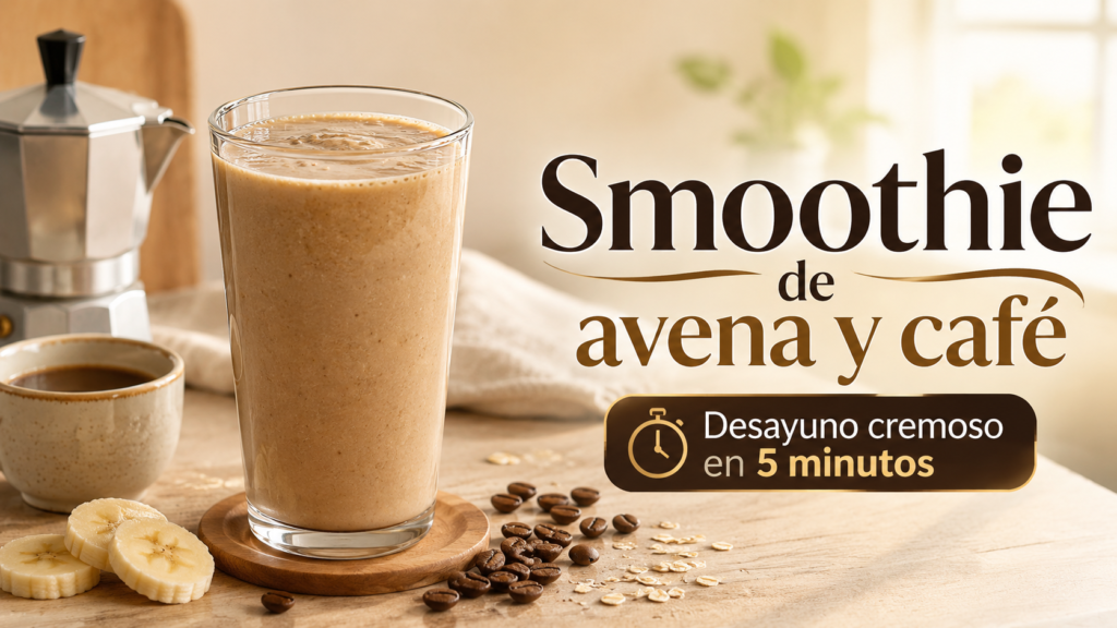 Smoothie de avena y café cremoso con plátano y copos de avena servido junto a una cafetera italiana.