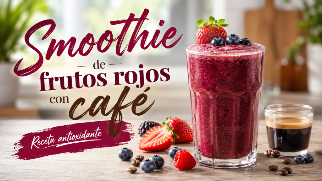 Smoothie de frutos rojos con café servido con fresas, arándanos y granos de café
