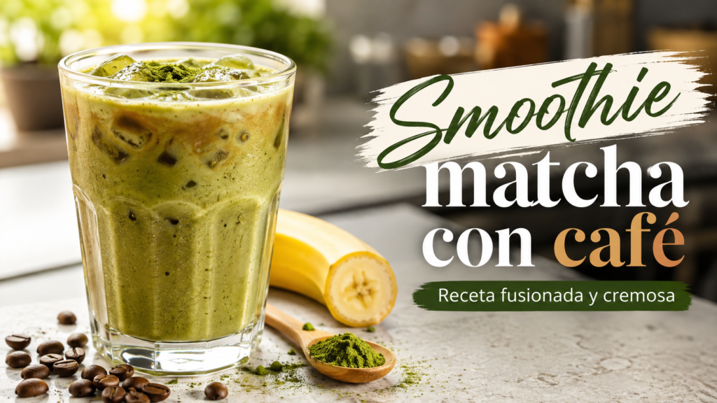 Smoothie de matcha con café, plátano y leche servido frío en un vaso de cristal
